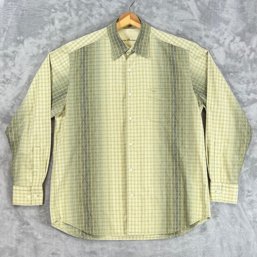 Tommy Bahama Men's Silk Cotton Button Down Shirt M Medium Ombre Plaid Green